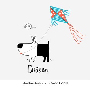 Dog & Bird flying a Kite, vector illustration