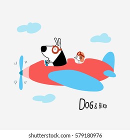 Dog & Bird flying in a small plane, vector illustration