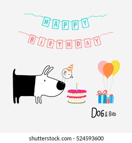 Dog and Bird Happy Birthday, vector illustration