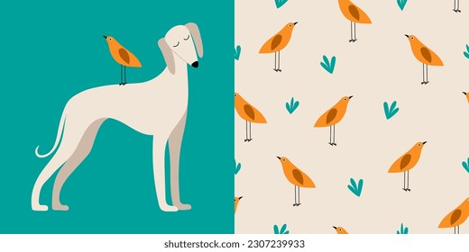 A dog with a bird on its back. Print for a postcard, a children's poster. Endless background with birds. Seamless Repeat Pattern. A set of illustrations for pajamas, textiles, wallpaper, tee print.