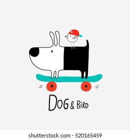 Dog and Bird on skateboard, vector illustration