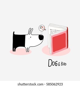 Dog & Bird reading a book, vector illustration