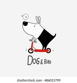 Dog and Bird riding a scooter, vector illustration