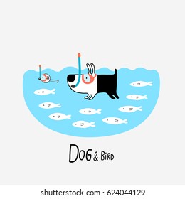 Dog and Bird snorkeling, vector illustration