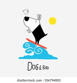 Dog & Bird surfing, vector illustration