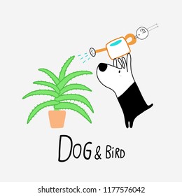 Dog & Bird watering an Aloe Vera, vector illustration