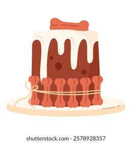 Dog birthday cake with mini bones. Cake with dog friendly ingredients. Homemade pet treats. Vector illustration in cartoon style. Isolated white background