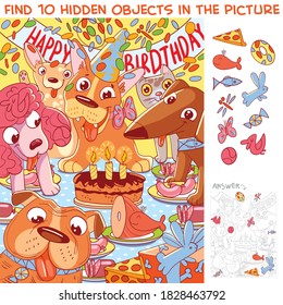 Dog birthday. Find 10 hidden objects in the picture. Puzzle Hidden Items. Funny cartoon character