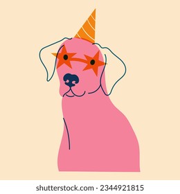 Dog in a birthday hat. Avatar, badge, poster, logo templates, print. Vector illustration in a minimalist style with Riso print effect. Flat cartoon style