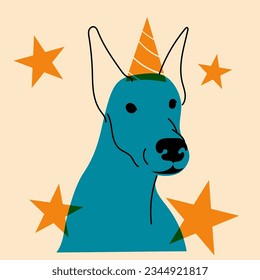 Hund in einem Geburtstagshut. Avatar, Badge, Poster, Logo-Vorlagen, Druck. Vektorgrafik im minimalistischen Stil mit Riso-Druckeffekt. Flacher Cartoon-Stil