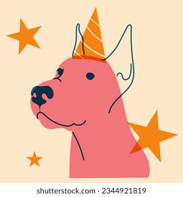 Hund in einem Geburtstagshut. Avatar, Badge, Poster, Logo-Vorlagen, Druck. Vektorgrafik im minimalistischen Stil mit Riso-Druckeffekt. Flacher Cartoon-Stil