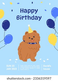 Dog birthday invitation postcard. Brown and fluffy puppy with colorful air balloons. Holiday and festival, event. Love and care about domestic animal. Cartoon flat vector illustration