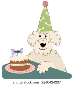 Dog birthday party. Dog celebrates his birthday. Dog in a party hat with cake.Happy Birthday hand draw greeting card with dog and cake.