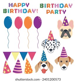 Dog Birthday party. Cute cartoon dog in flat style