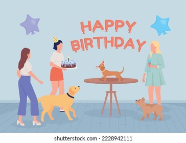 Dog birthday party flat color vector illustration. Holiday for loving pet. Animal anniversary. Fully editable 2D simple cartoon characters with blue wall in background. Fredoka One font used