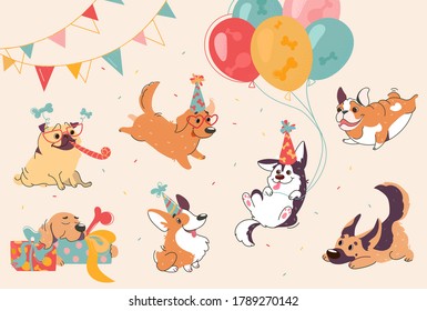Dog birthday party. Puppies of different breeds at the party, labrador, corgi, shepherd, pug, american bulldog, retriever. The dogs are wearing 
cones, sunglasses. Cartoon set for design feast. Vector