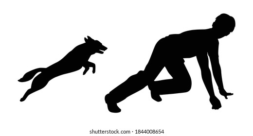 Dog bite man silhouette vector on white