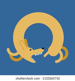 Dog bites tail. Pet playing tail. Vector illustration
