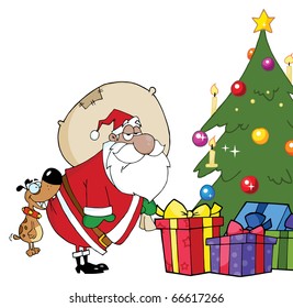 Dog Biting A Black Santas Butt By A Christmas Tree