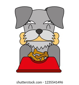 dog biting bone and bowl food