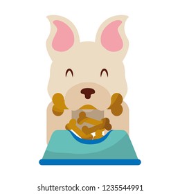 dog biting bone and bowl food