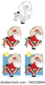 Dog Biting A Santa Claus In The Night. Vector Collection Set