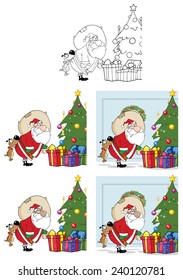Dog Biting A Santas Butt By A Christmas Tree. Vector Collection Set