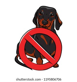 Dog.  Black dachshund with a stop sign. Stop Dog. Hand-drawn Dog. Realistically Painted Dachshund. Transparency. Vector illustration. White isolated.
