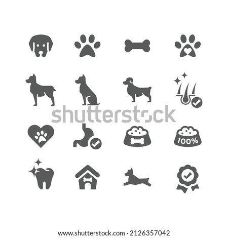 Dog black vector icon set. Paw print, dog food, bone filled icons.