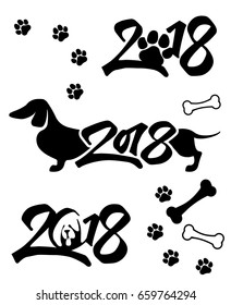 Dog. Black and white isolated logo 2018 on white background. Template for New Year's cards.