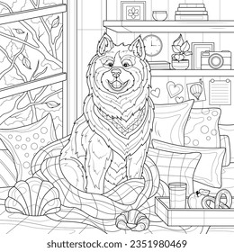 Dog with a blanket on the bed. Autumn.Coloring book antistress for children and adults. Illustration isolated on white background.Zen-tangle style.