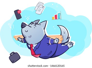 Вusinessman dog in a blue business suit and red tie flies on the wings to new goals and achievements. Around the attributes of the business: a smartphone with notifications, charts, documents and case