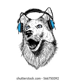Dog and blue earphones illustration isolated on white background