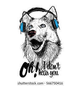 Dog and blue earphones illustration isolated with inscription on white background