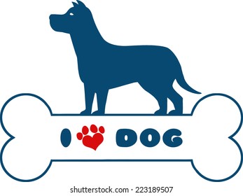 Dog Blue Silhouette Over Bone With Text And Red Love Paw Print Vector Illustration Isolated On White Background