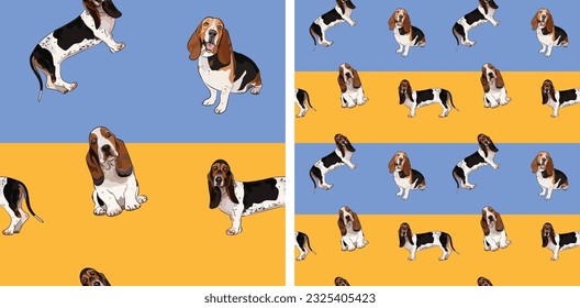 Dog blue and yellow geometric pattern fabric. Elegant, soft seamless background, abstract background with basset hound dogs, two-colored background. Birthday present, Clean style, plain wrapping art.