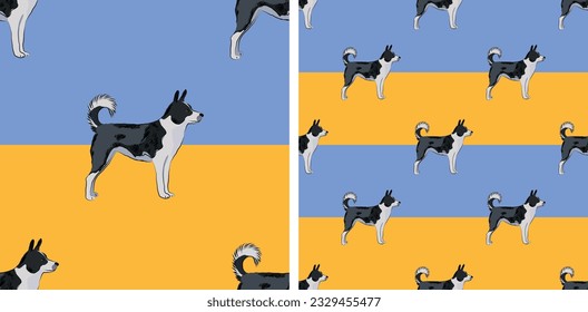 Dog blue and yellow geometric pattern fabric. Elegant, soft seamless background, abstract background with Canaan dogs, two-colored background. Birthday present, Clean style, plain wrapping art.