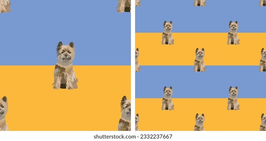 Dog blue and yellow geometric pattern fabric. Elegant, soft seamless background, abstract background with Cairn Terrier, two-colored background. Birthday present, Clean style, plain wrapping art.