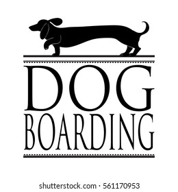 Dog boarding vector sign or newspaper ad design with hand drawn dachshund icon on top of elegant vintage style frame layout