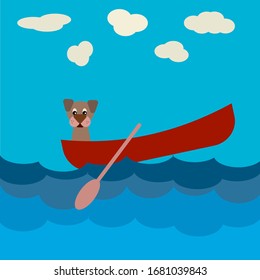 dog in boat, water waves and blue sky