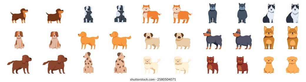  Dog body condition icons set. Different purebred dogs are showcasing their unique characteristics in various poses