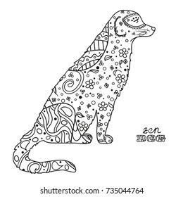 Dog. Boho style. Hand drawn dog with abstract patterns on isolation background. Design for spiritual relaxation for adults. Black and white illustration for coloring. Design Zentangle. Zen art