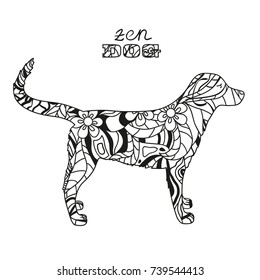 Dog. Boho style. Hand drawn dog with abstract patterns on isolation background. Design for spiritual relaxation for adults. Black and white illustration for coloring. Design Zentangle. Zen art