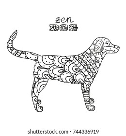 Dog. Boho style. Hand drawn dog with abstract patterns on isolation background. Design for spiritual relaxation for adults. Black and white illustration for coloring. Design Zentangle. Zen art