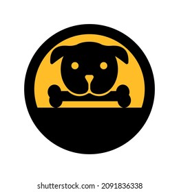 Dog with bone, black and yellow colors, round sign a white background, vector illustration