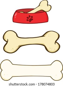 Dog Bone and Dog Bowl Cartoon Illustrations. Set Vector Collection