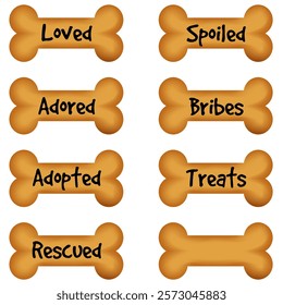 Dog Bone Chew Treats Collection with Loved, Spoiled, Adored, Bribes, Adopted, Rescued and Treats Text, isolated on white background