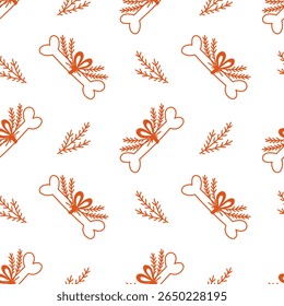 Dog Bone and Christmas Tree Branches Seamless Pattern. Festive doodle background for pets. Red line holiday symbols with tied bow. Repeat vector illustration