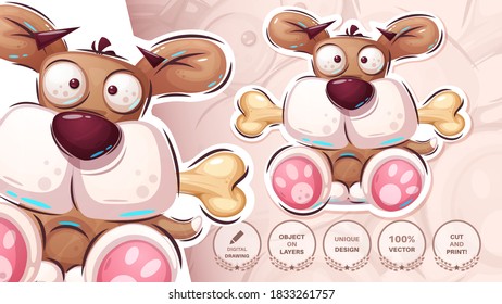 Dog with bone - cute sticker. Vector eps 10