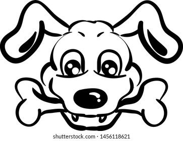Dog with bone drawing, illustration, vector on white background.